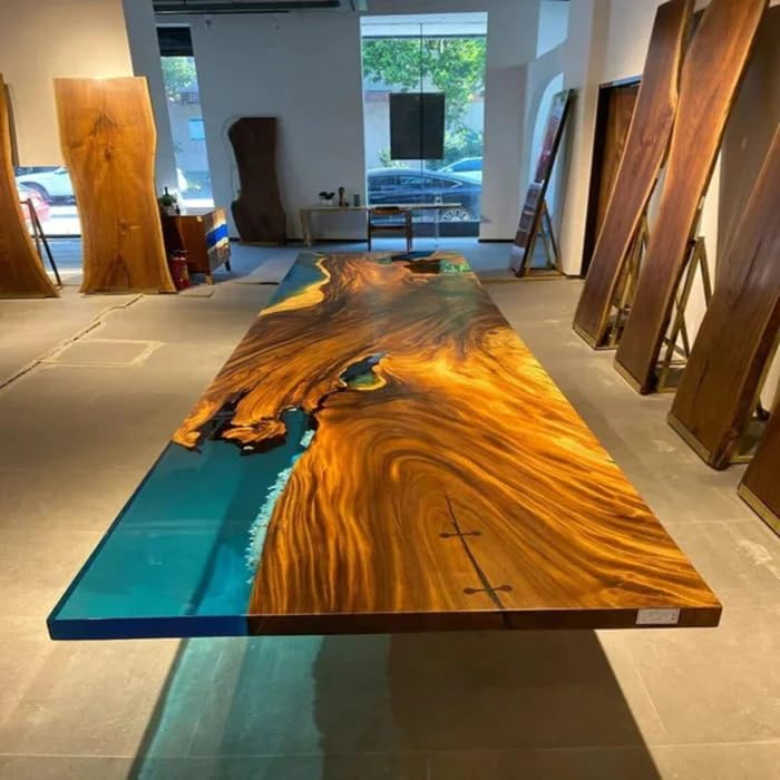 Customized Large Epoxy Table,Blue Live Edge, Wooden Transparent Green Look, Resin Dining Table for 2, 4, 6, 8, Epoxy Coffee Table, Living Room Table