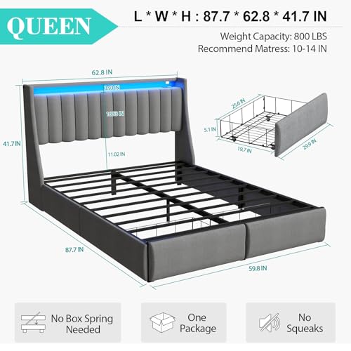 Queen Bed Frame with 2 Storage Drawers, Platform Bed Frame Queen Size with LED Light, Upholstered Headboard, Charging Station, Steel Slat Support