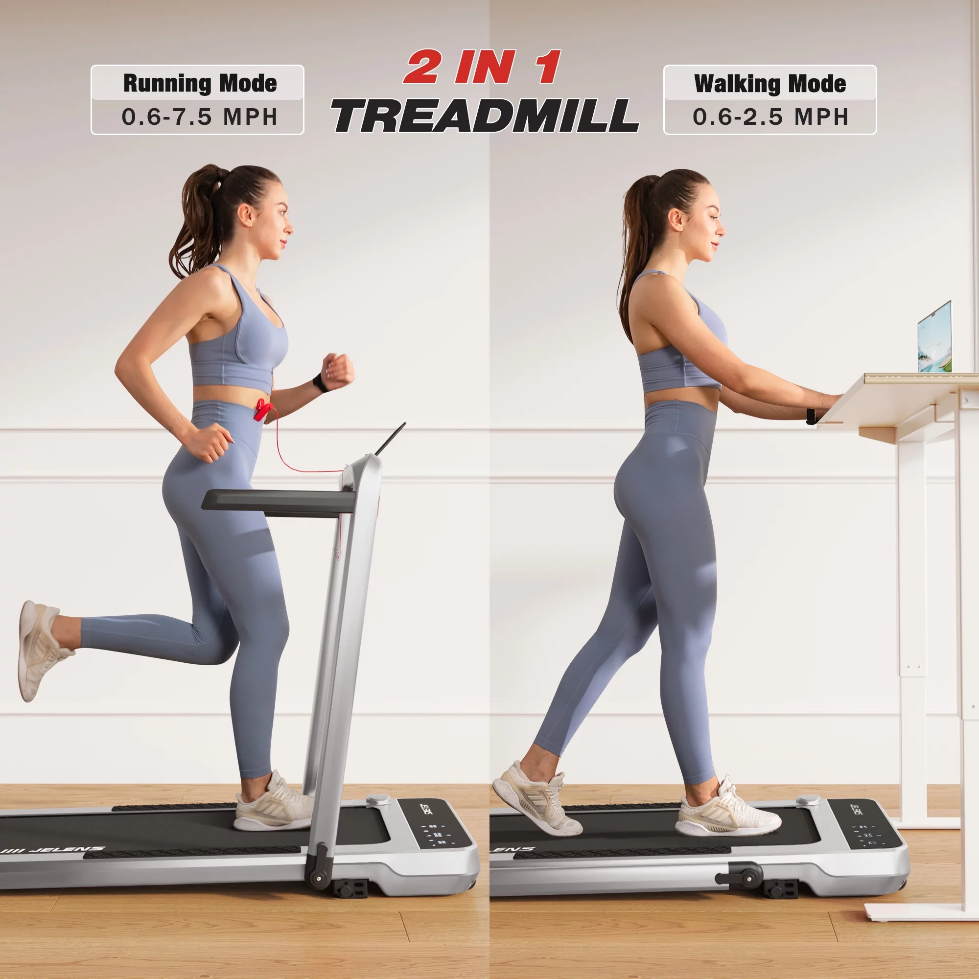JELENS 2 in 1 Incline Treadmill Under Desk Walking Pad 2.5HP Home Folding Treadmills with Gesture Sensing Control