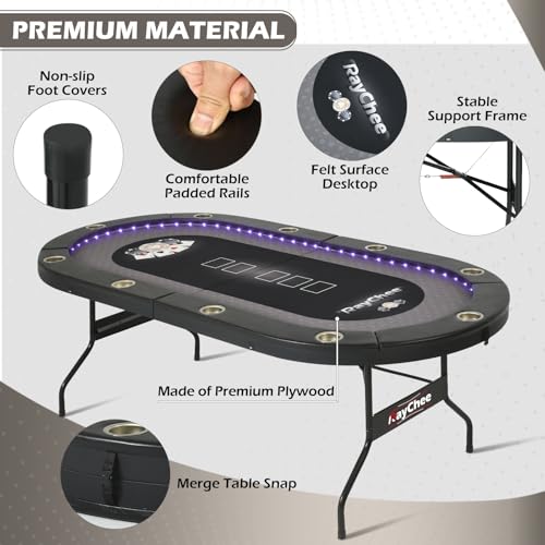 LED Poker Table, 10 Player Foldable Texas Holdem Table w/Inlaid LED Light, 2 USB & 2 Type-c Ports