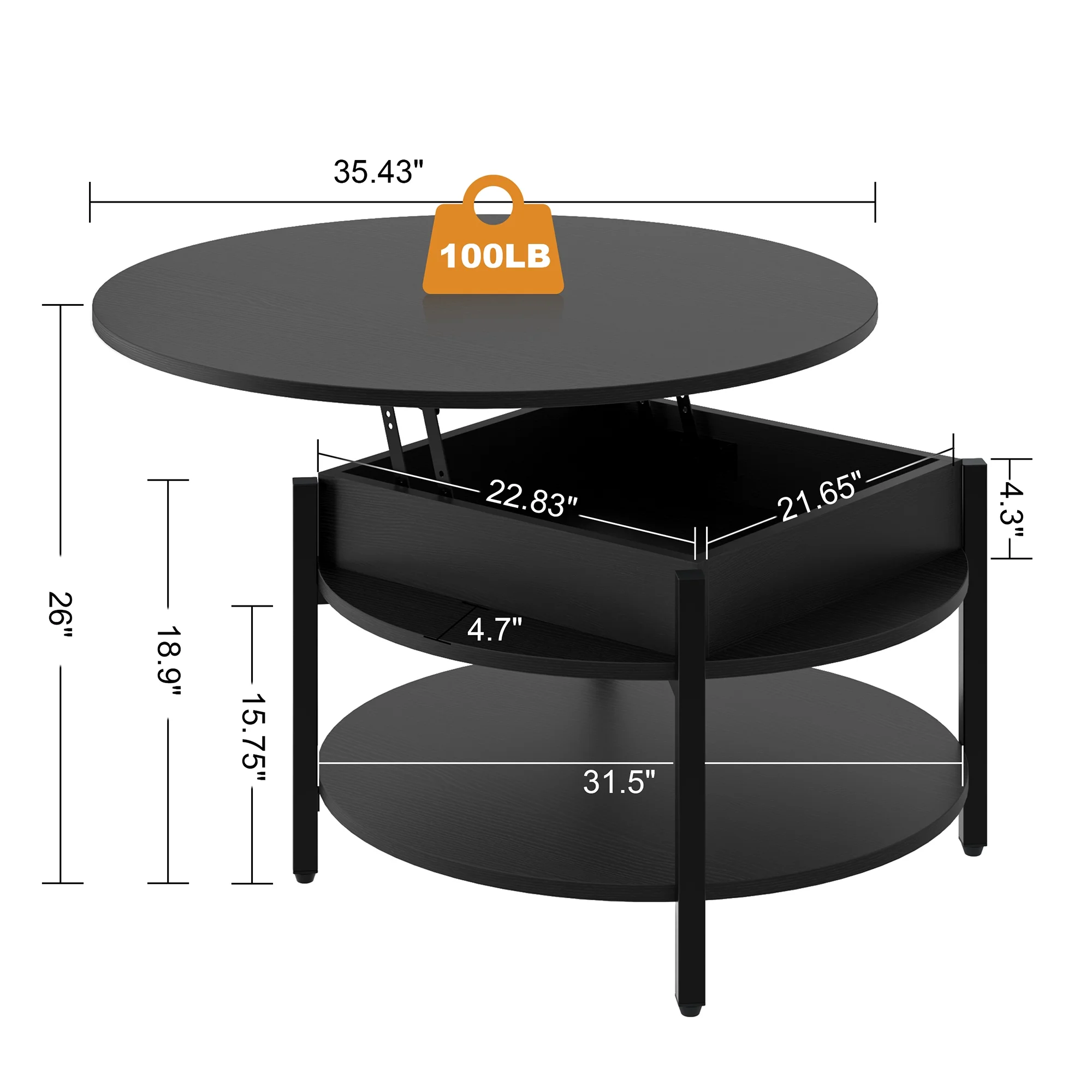 GUNAITO Round Lift Top Coffee Table with Storage Modern Farmhouse Center Table with Shelf Small Circle Table for Living Room for Living Room Black