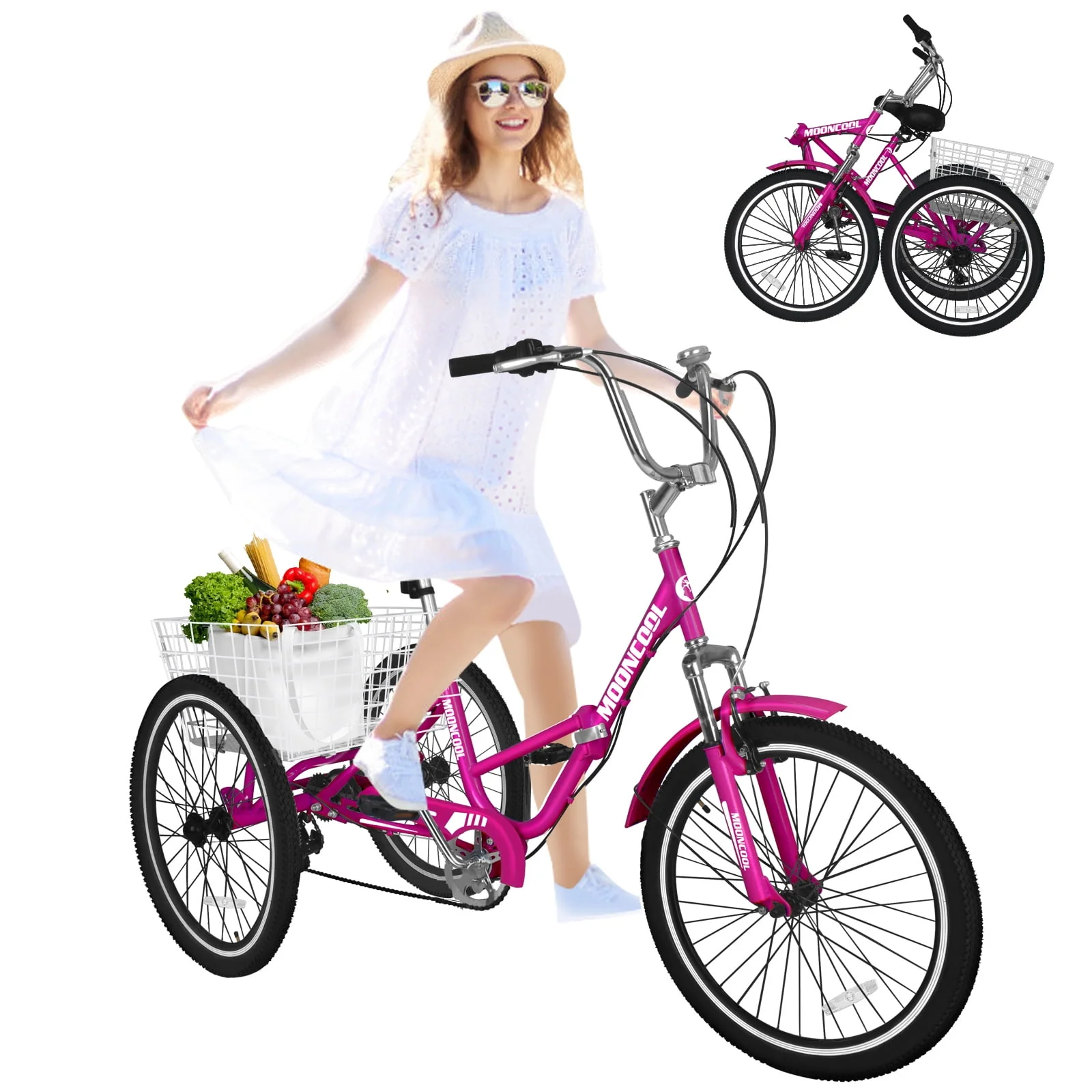 MOONCOOL Adult Folding Tricycle for Adults, 7 Speed 20/24/26 inch 3 Wheels Bikes with Basket, Foldable Tricycle for Adults, Women, Men, Seniors