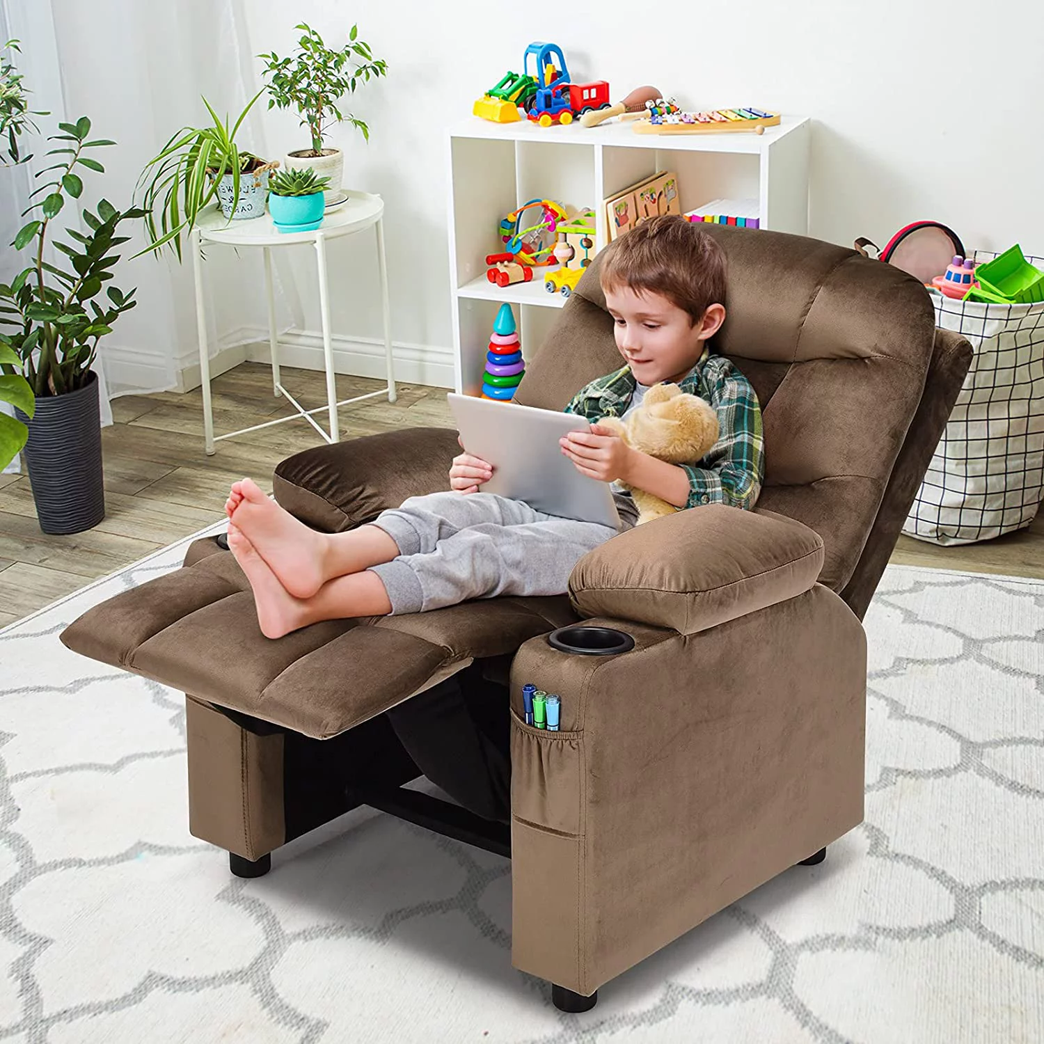 Kids Recliner Chair with Cup Holder  Adjustable Velvet Lounge Chair w/Footrest