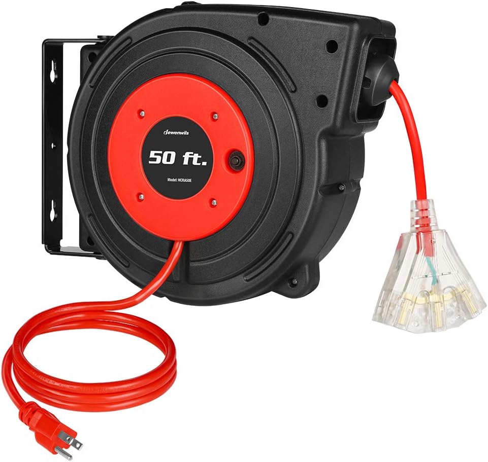 DEWENWILS Retractable Extension Cord Reel, 50FT Power Cord Reel with 14AWG/3C SJTOW, 13A Circuit Breaker, Wall/Ceiling Mounted