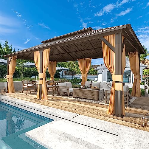 MELLCOM 10'x13' Hardtop Gazebo with Polycarbonate Double Roof, Aluminum Frame Outdoor Gazebo Permanent Pavilion with Curtains and Netting for Patio