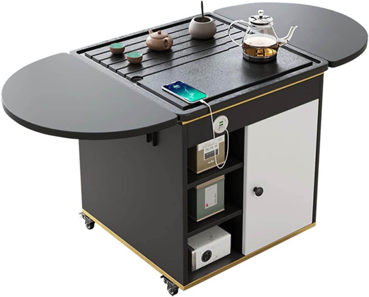 Coffee Table Smart Mobile Tea Table,Folding Dining Table Mobile Tea Cart with 3 USB Charging Ports,Hidden Compartment and Storage Shelf