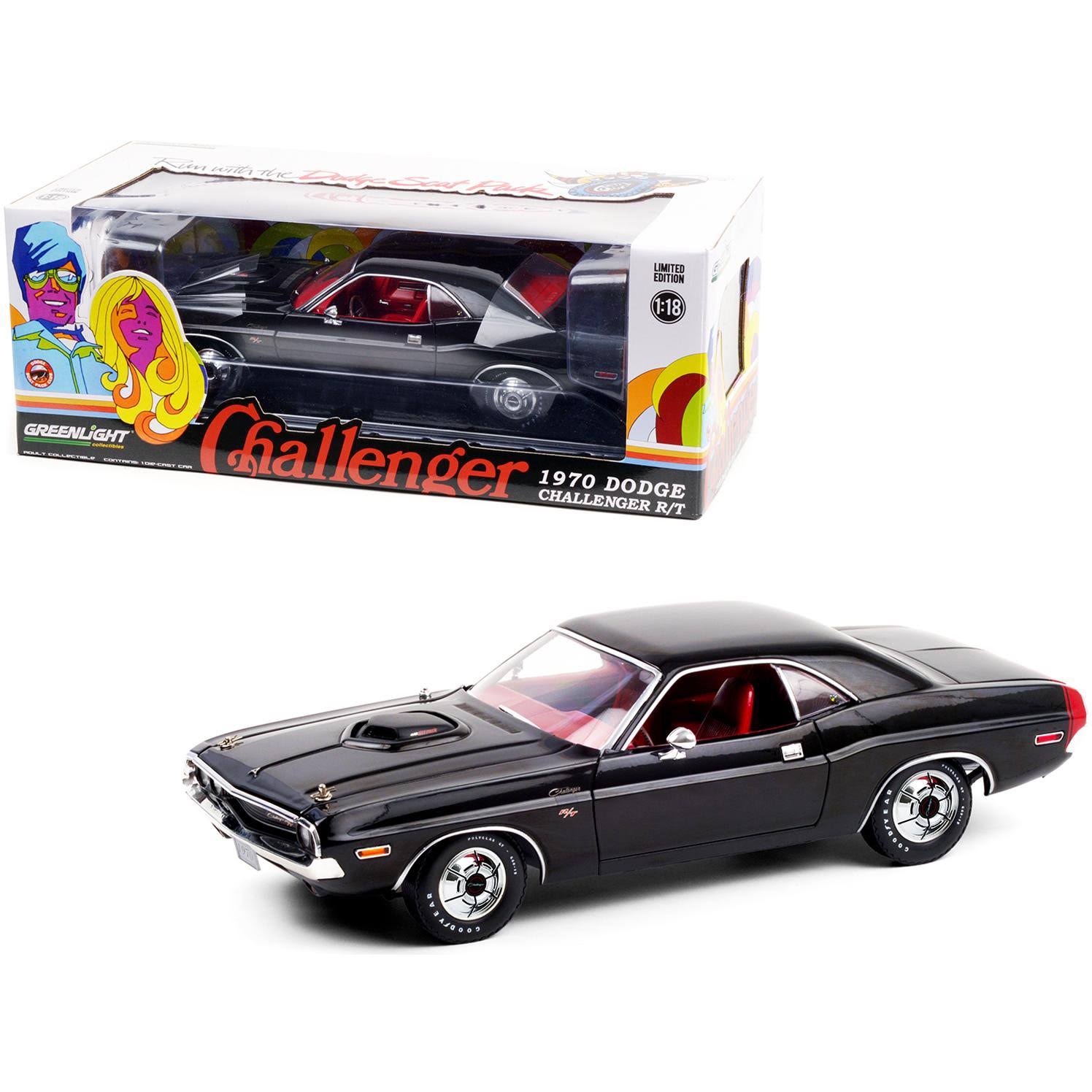 1970 Dodge Challenger R/T 440 Six Pack Black with Red Interior and Deluxe Wheel Covers 1/18 Diecast Model Car by Greenlight
