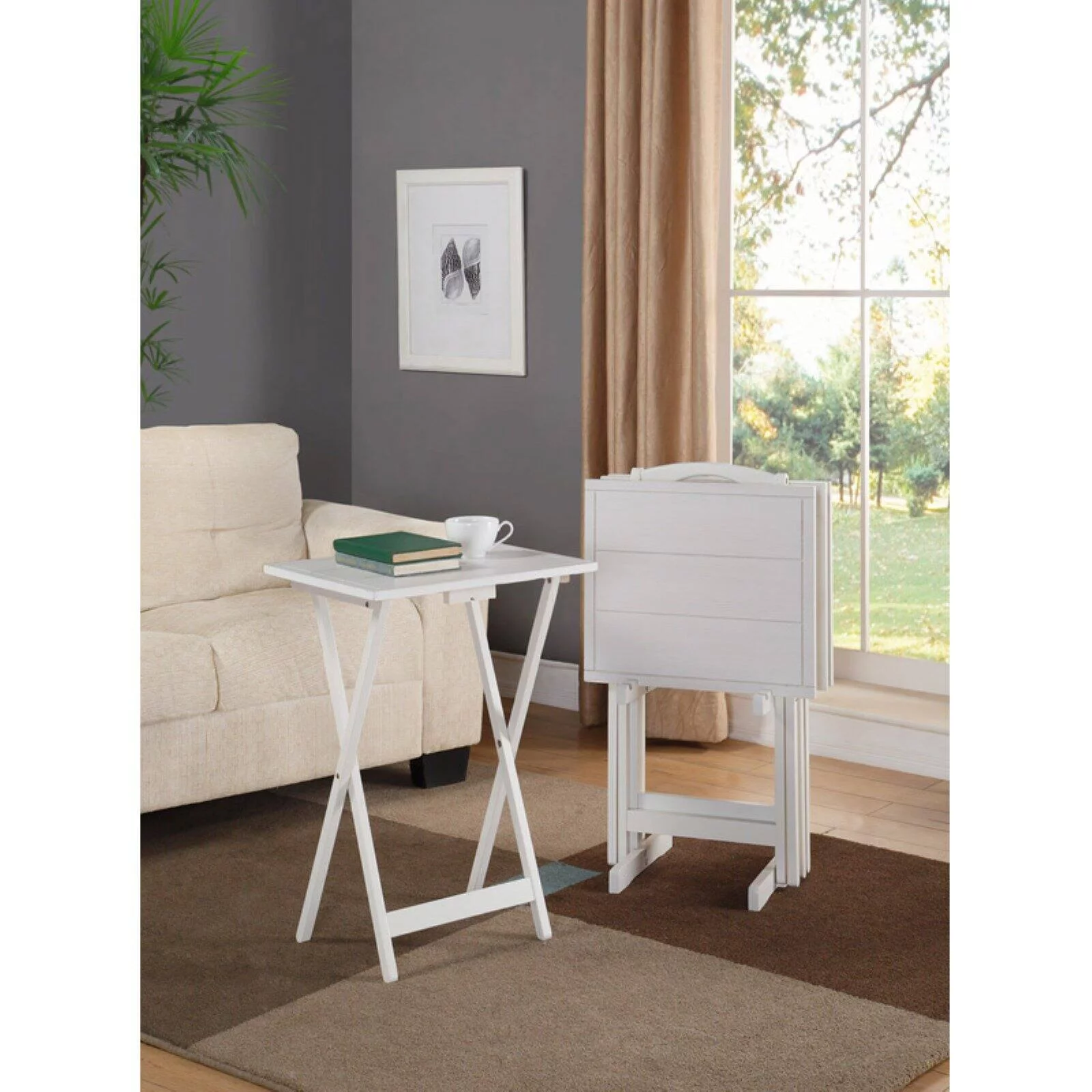Lisbon Folding Tray Table Set with Stand, 5 Pieces, White