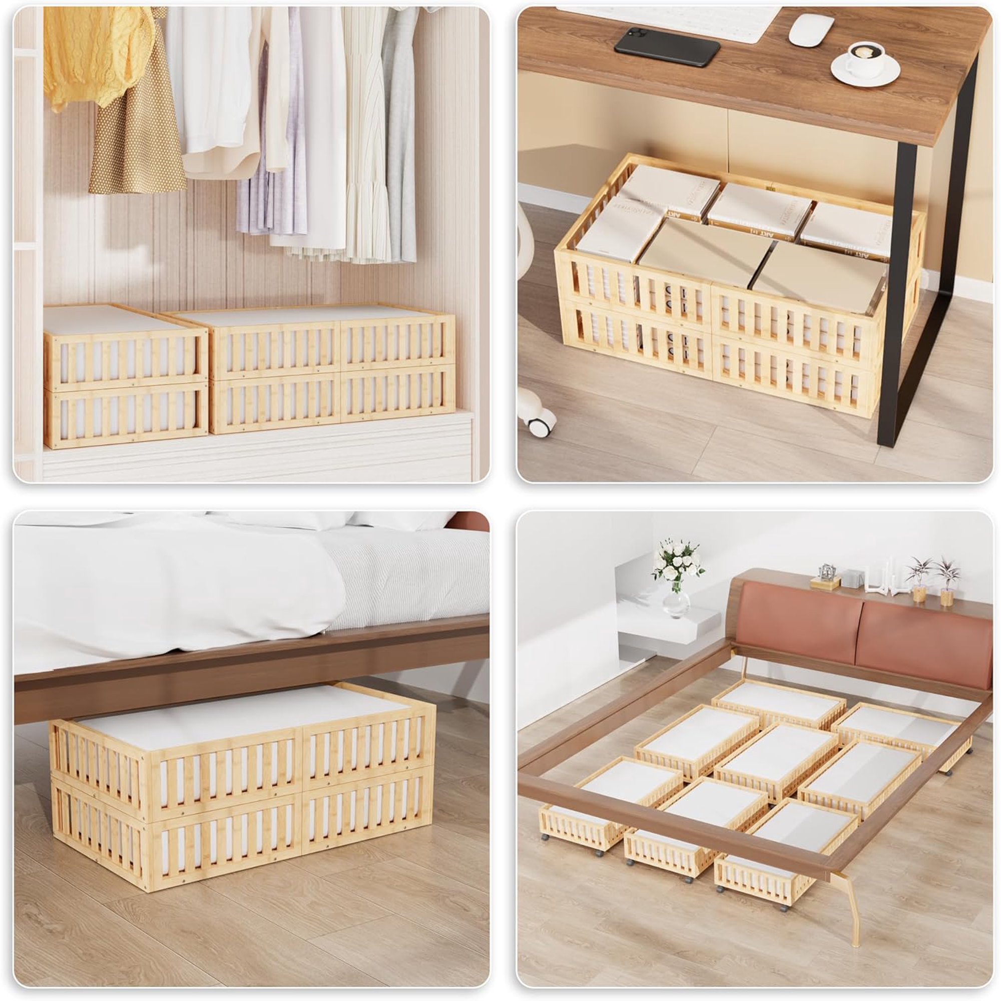Bamboo Under Bed Storage with Wheels (2-Pack) – Rolling Underbed Shoe Organizer Box for Shoes, Blankets, Toys