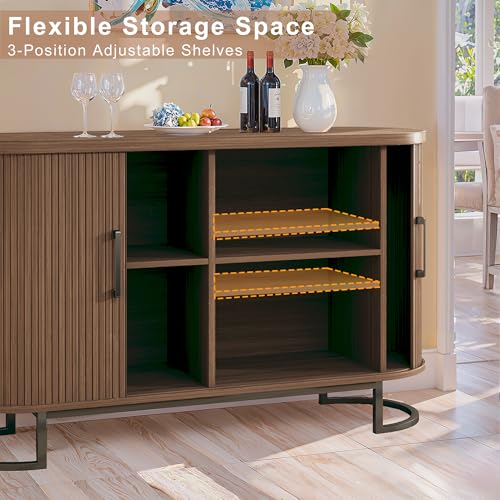 Sideboard Buffet Cabinet with Storage, 54.3" Fluted Tambour, Adjustable Shelves, Mid Century Modern Console for Living Room Kitchen Walnut
