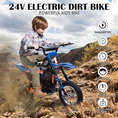 24V Kids Electric Dirt Bike 250W Motor Off-Road Motorcycle, 13.6MPH Fast Speed Powerful Motorcycle for Kids