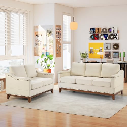 Classic 3-Seater Upholstered Sofa with Nailhead Trim, High-Density Foam Cushions & Sturdy Solid Wood Legs, Soft Fabric Couch for Living Room, Beige