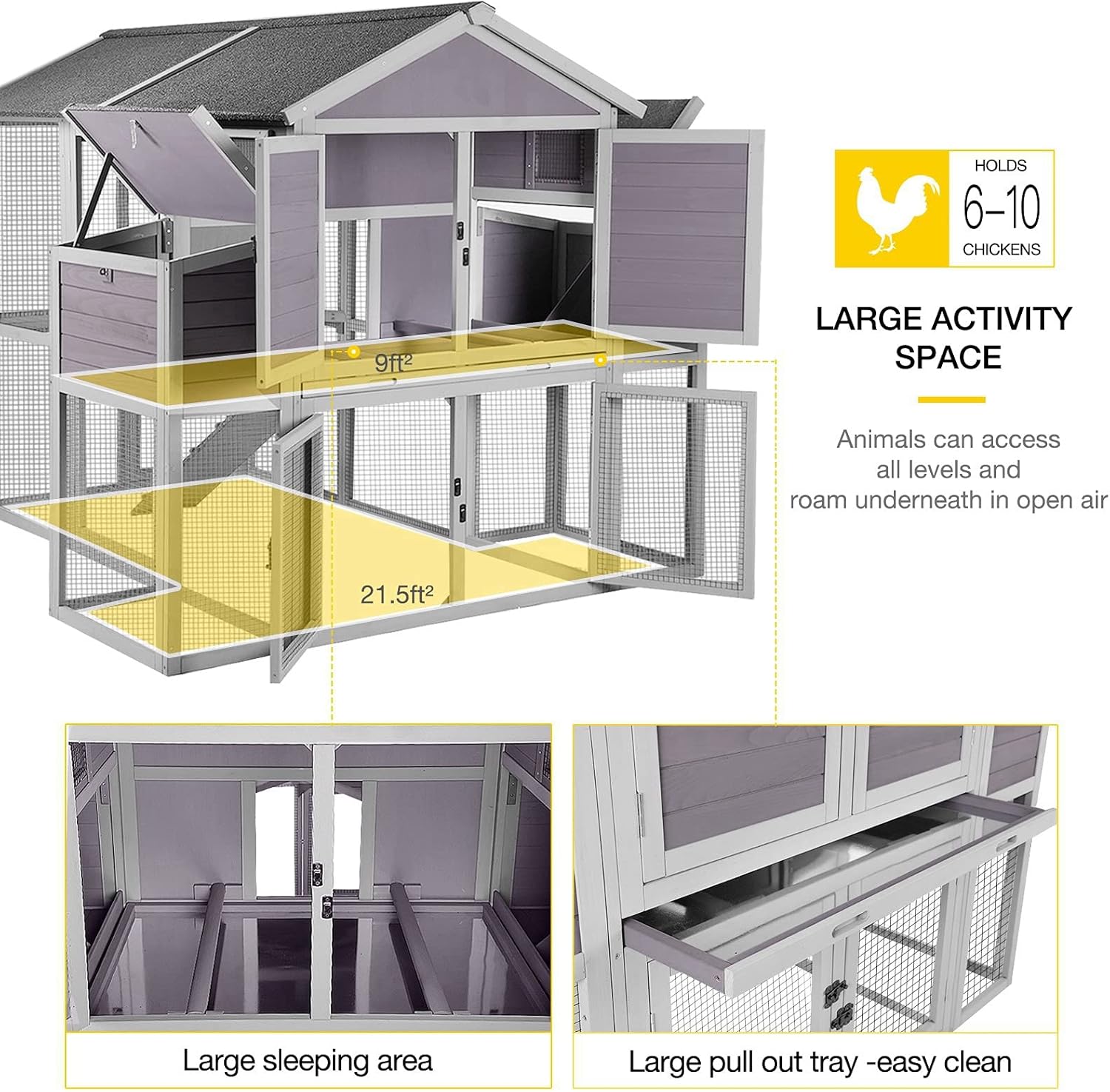 Chicken Coop Multi-Levels Hen House with Run Poultry Cage with Large Nesting Box, Super Large Activity Space