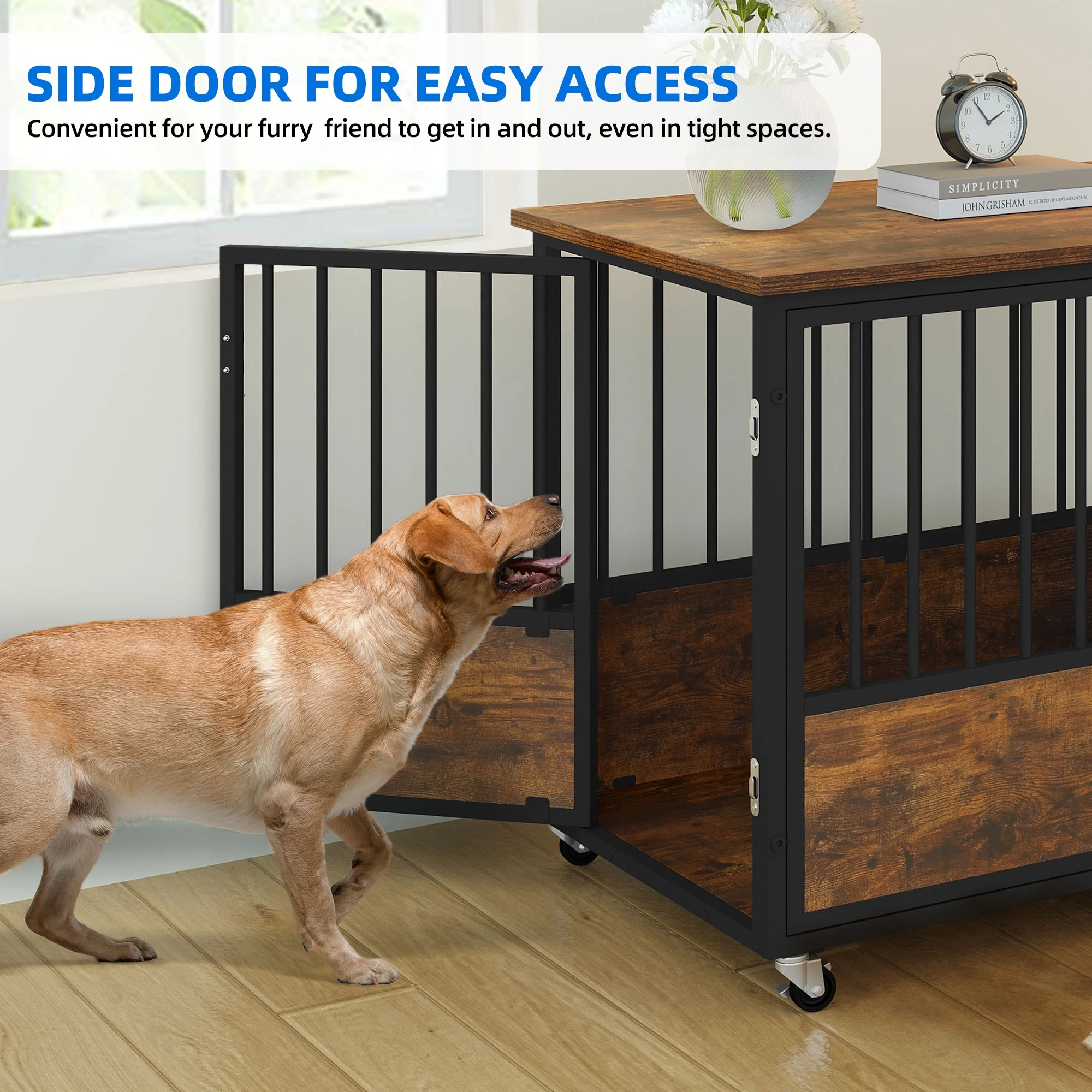 Dextrus Large Dog Crate Furniture with Wheels, 38in Rustic Heavy Duty Metal Dog Crate and Kennel for Small Medium Dogs