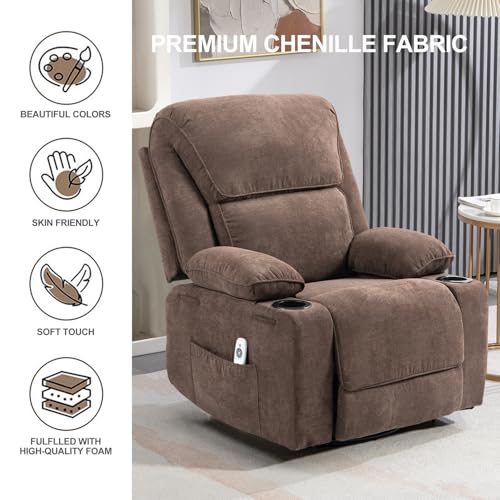 Rocker Recliner Chair with Massage and Heated, 360°Swivel Rocking Chairs with Cup Holders Remote Control for Living Room (Gray Oatmeal)