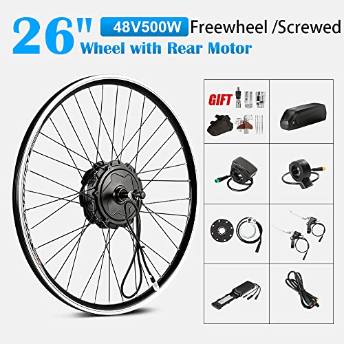 26 inch Ebike Conversion kit 48V500W Rear Front Motor Wheel with 48V13Ah Battery Fit for 6S 7S 8S 9S 10S Cassette Screwed Brushless Motor Kit