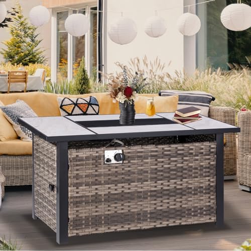 30" Propane Fire Pit with Real Ceramic Tabletop, 50000 BTU Gas Firepit Table with Lid & Glass Rock, Outdoor Fire Pit for Dining or Party