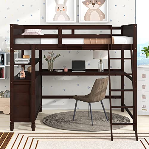 Harper & Bright Designs Full Loft Bed with Desk and Wardrobe,Solid Wood Loft Bed Frame Full with Storage Drawers for Kids Teens Adults