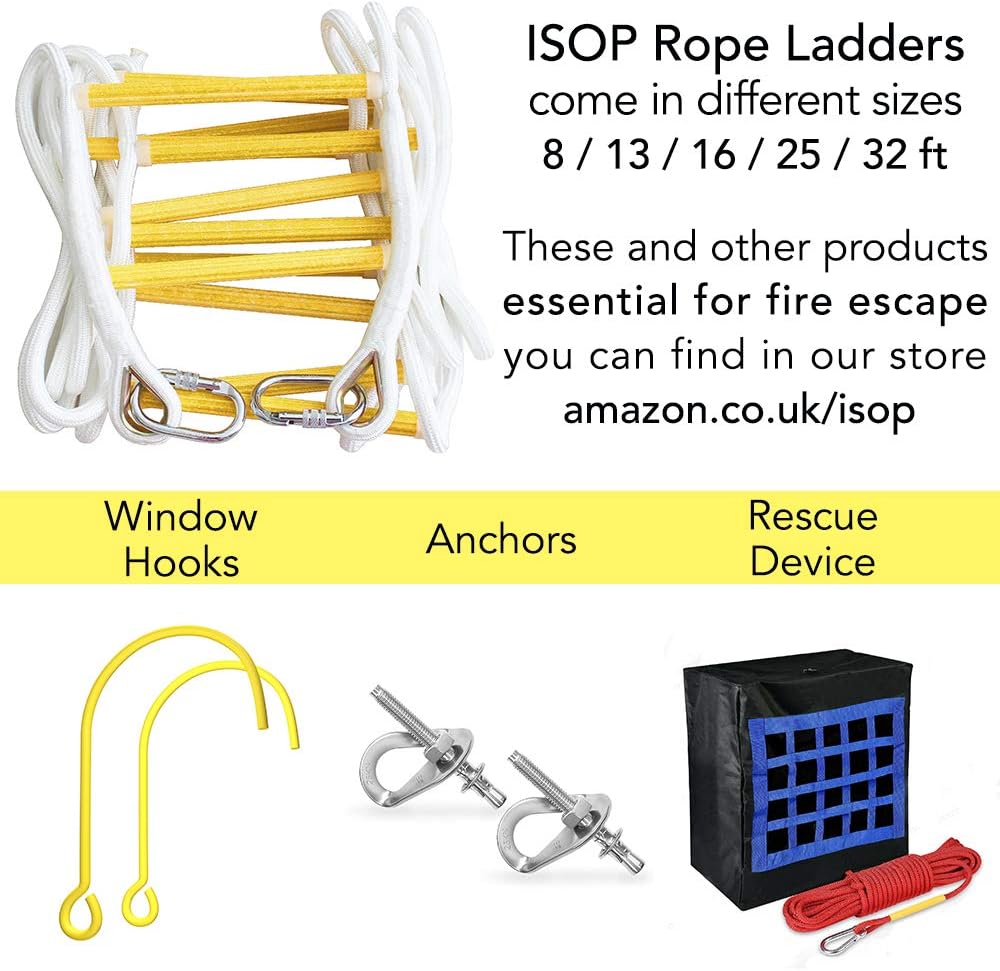 ISOP Fire Escape Ladder for Second Story Windows 13ft Weather Resistant Safety Rope Window Ladder Fire Escape 2 Story with Hooks (13ft with Hooks)