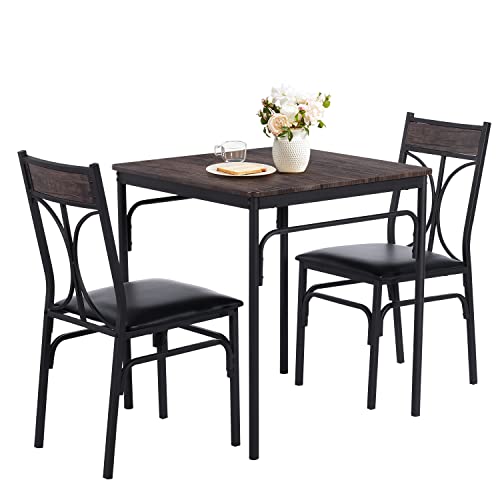 VECELO Kitchen Dining Room Table Set with 2 Chairs for Small Space, Apartment,Metal Steel Frame