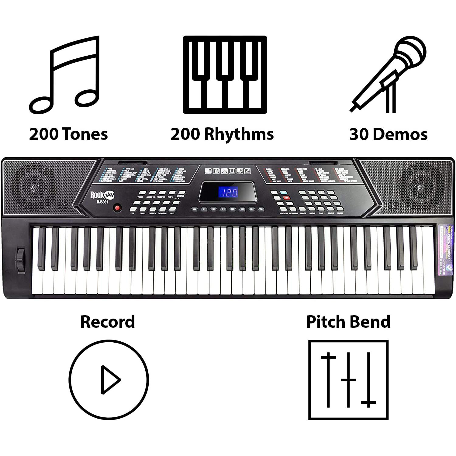 RockJam 61 Key Keyboard Piano Stand With Pitch Bend Kit, Piano Bench, Headphones, Simply Piano App & Keynote Stickers