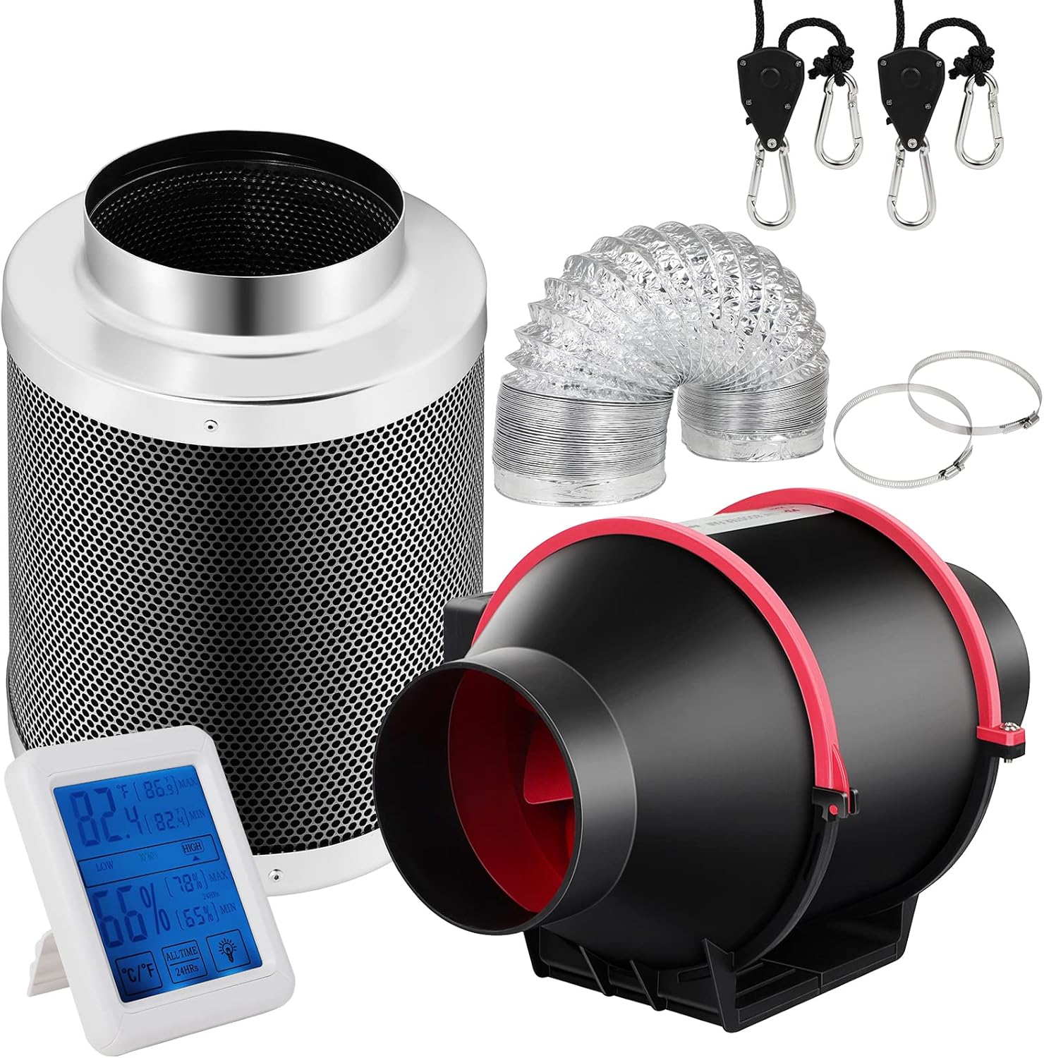 Ventilation Kit 4 inch Inline Fan 182 CFM Ventilation Fan with Temperature Humidity Monitor, 4 inch Air Carbon Filter and 10 feet Ducting