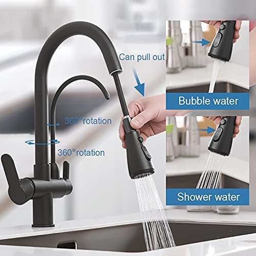 LUNEZY Kitchen Sink Mixer Taps Deck Mounted Black Kitchen Faucets, Pull Out Hot Cold Water Filter Tap for Kitchen