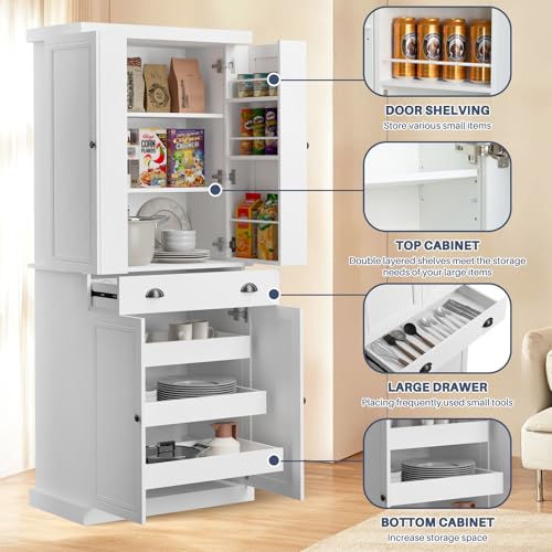 HollyHOME 72" Kitchen Pantry Cabinet, Storage Cabinet with 4 Doors and 1 Drawer
