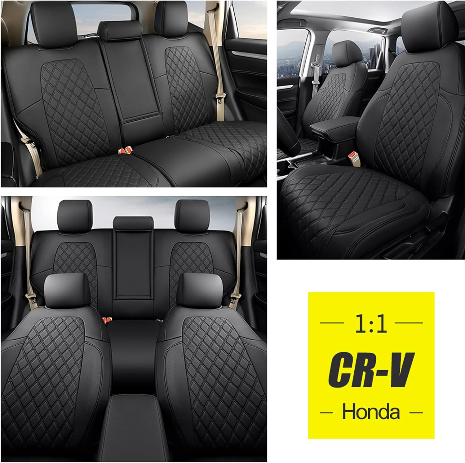 GIANT PANDA Pu Leather Car Seat Covers Full Set Custom Fit for Honda CRV 2017 2018 2019 2020 2021 2022- (Black)