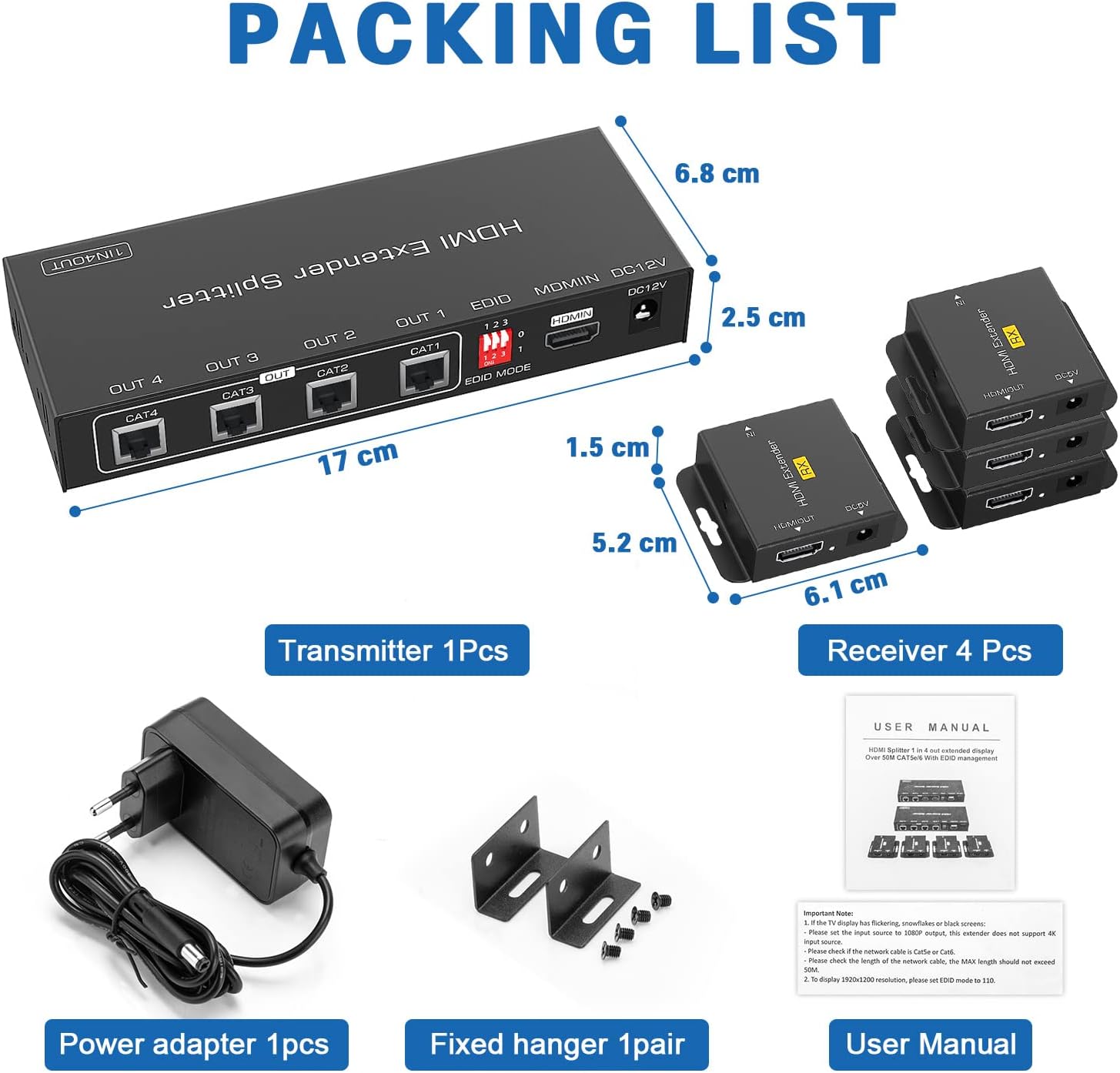 HDMI Extender Splitter 1x4 - CJX 165ft/50m HDMI Extender 1 in 4 Out