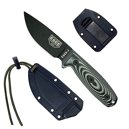 ESEE-3 Fixed Blade Knife, 3D Contoured Handle, 1095 Carbon Steel, Black Ambidextrous Sheath, Made in USA