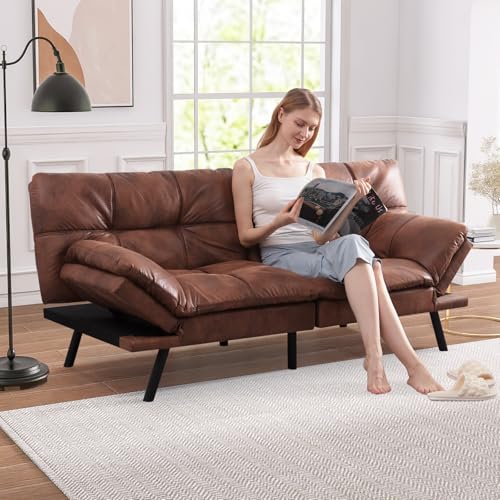 71" Convertible Futon Sofa,Faux Leather Futon Couch Bed,Sleeper Sofa Bed,Memory Foam Modern Folding Small Loveseat for Living Room,Office,Apartment