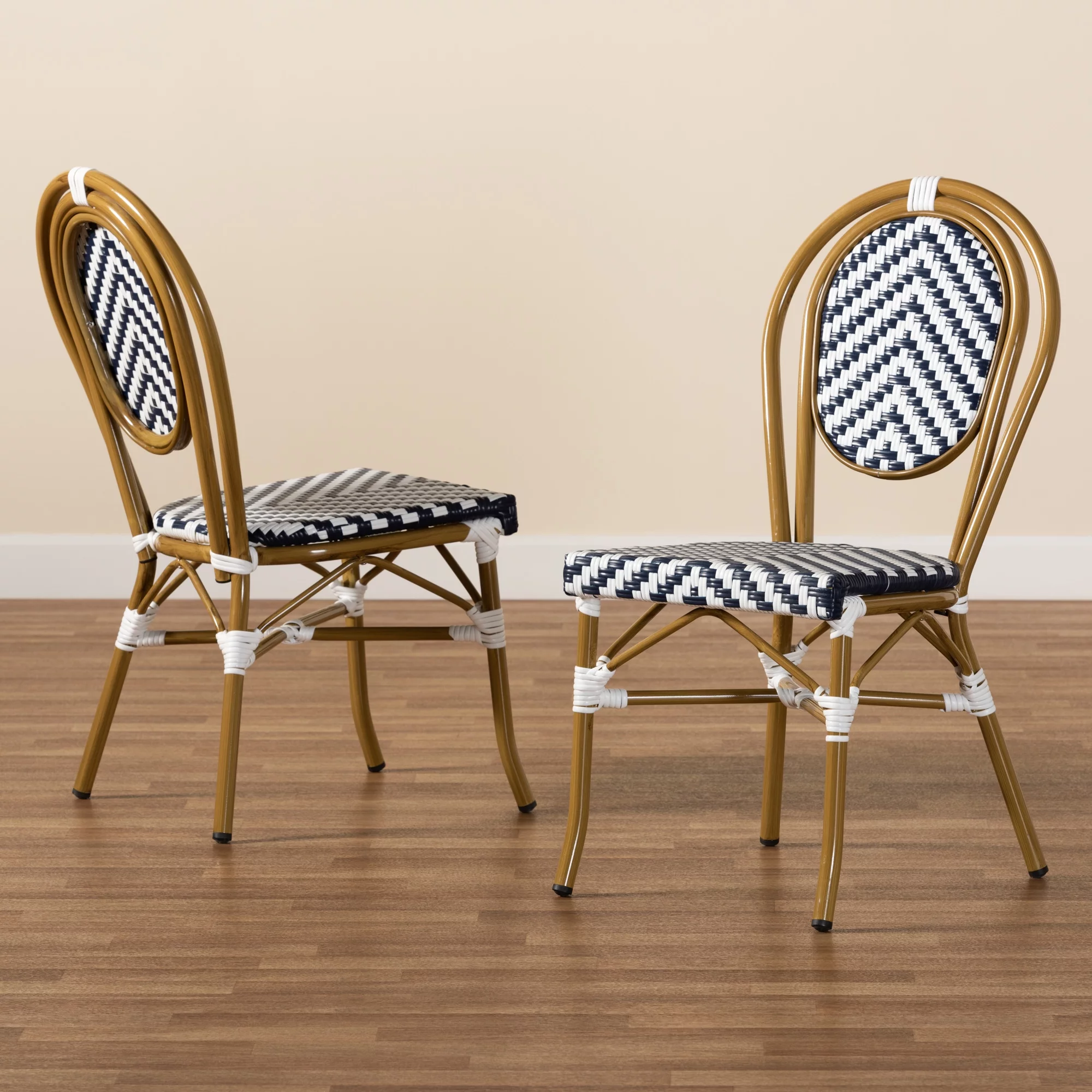 Baxton Studio Alaire Indoor and Outdoor Dining Chair - Wicker - Set of 2 - Stacking - Blue and White - Radiant Selections