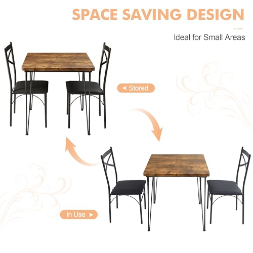 VECELO Kitchen Dining Room Table Set with 2 Chairs for Small Space, Apartment,Metal Steel Frame
