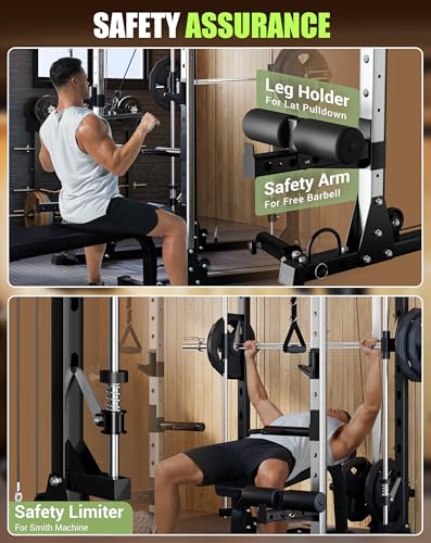 Smith Machine for Home Gym, 2200LBS Capacity Heavy Duty Power Cage with Cable Crossover System