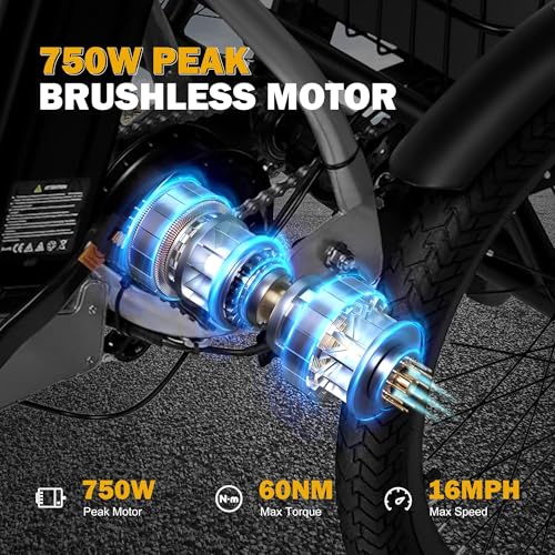 Triker Electric Bike, Peak 750W Brushless Motor Folding Trike Ebike, 468Wh Removable Battery, Step-Thru 3 Wheel Electric Bicycle, Up to 50 Miles