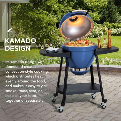 Sunjoy Charcoal Grill 20-Inch Kamado Grill with Pizza Stone, Ultimate Outdoor BBQ Egg Grill and Smoker with Wheels, Navy