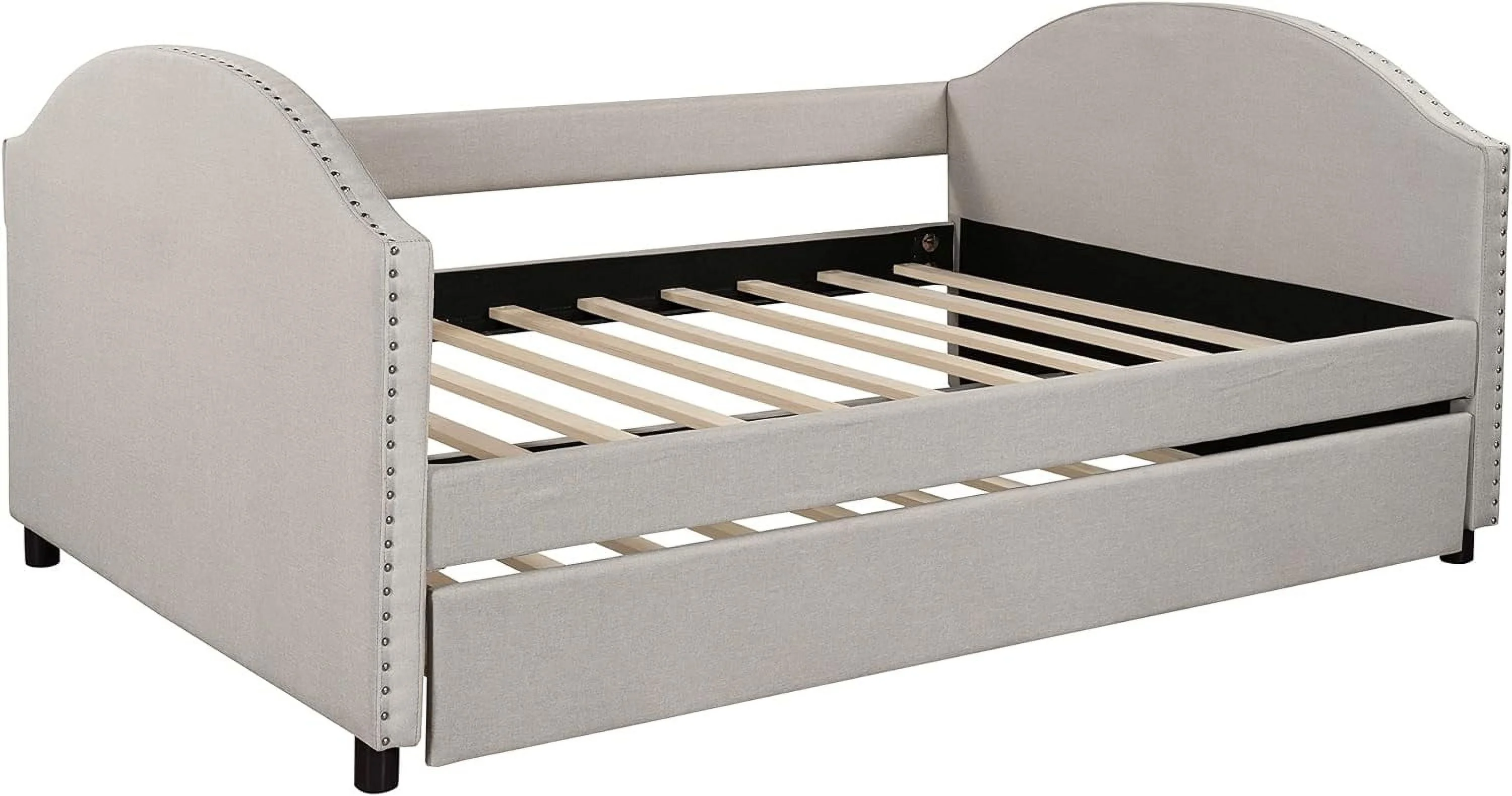 Upholstered  Daybed With Size Trundle, Full Size Sofa Bed With Rivets Décor, Wood Slat Support Daybed For Family, Kids, Teens, No Box Spring Needed