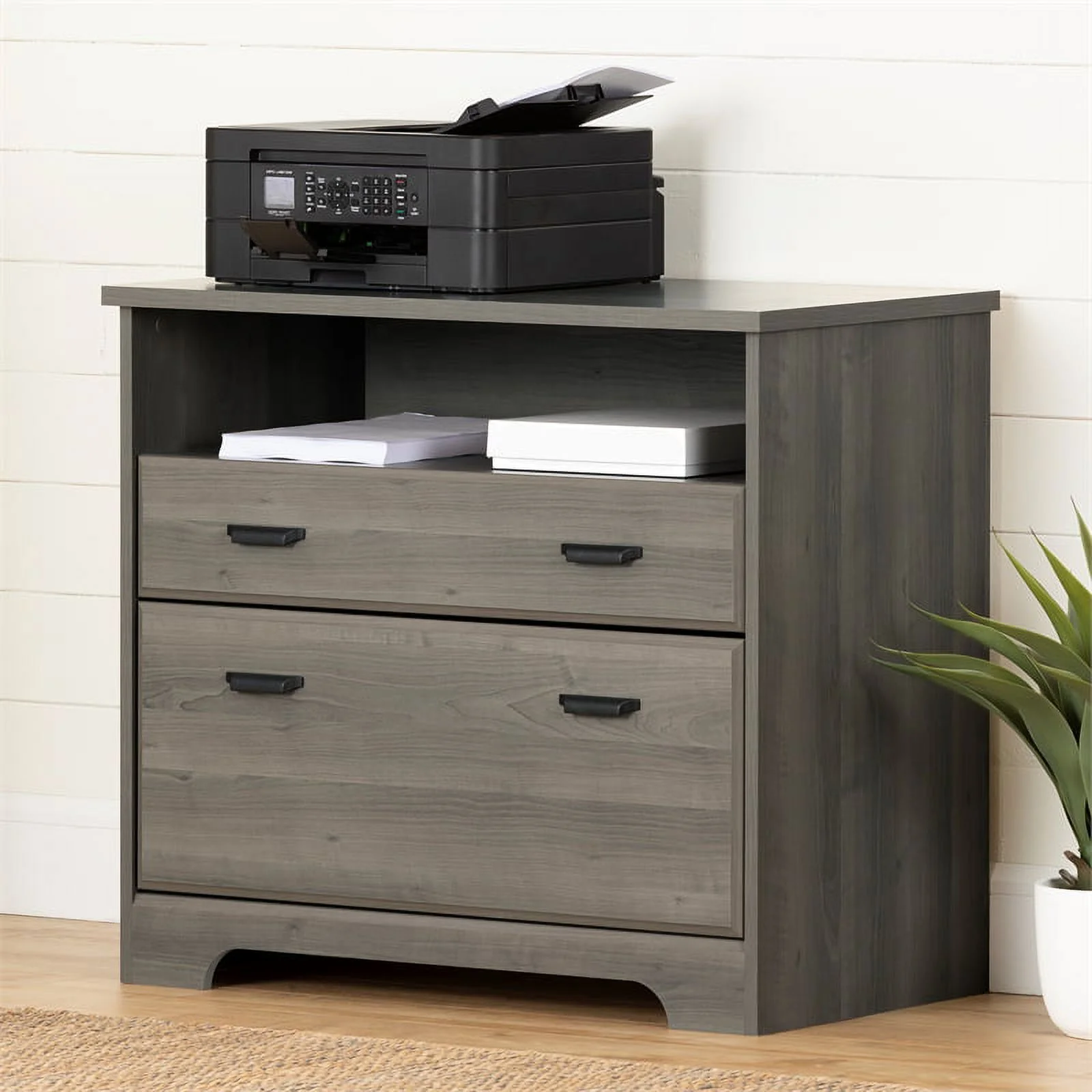 South Shore Versa Desk with Hutch and 2-Drawer File Cabinet Set in Gray Maple