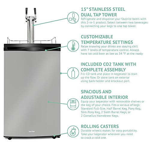 Ivation Full Size Kegerator | Dual Tap Draft Beer Dispenser & Universal Beverage Cooler | Mounted CO2 Cylinder, Temperature Control