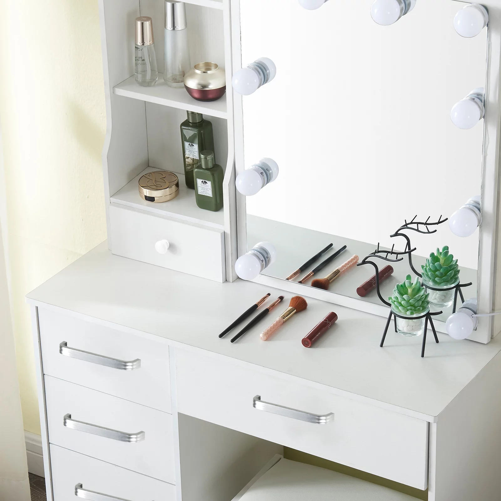 Yamissi Makeup Vanity Dressing Table Set W/ Stool Dresser Desk Mirror W/10 LED Lights for Girls Bedroom, White
