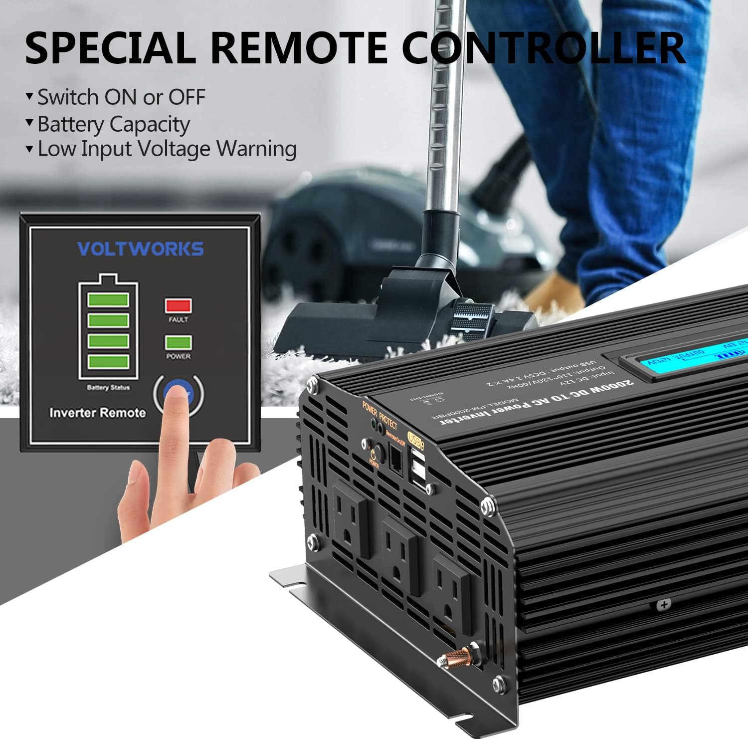 Power Inverter 1100 watt DC 12V to AC 120V Modified Sine Wave 1000w Inverter with LCD Display Remote Control 2AC Outlets Dual 2.4A USB Ports for Car