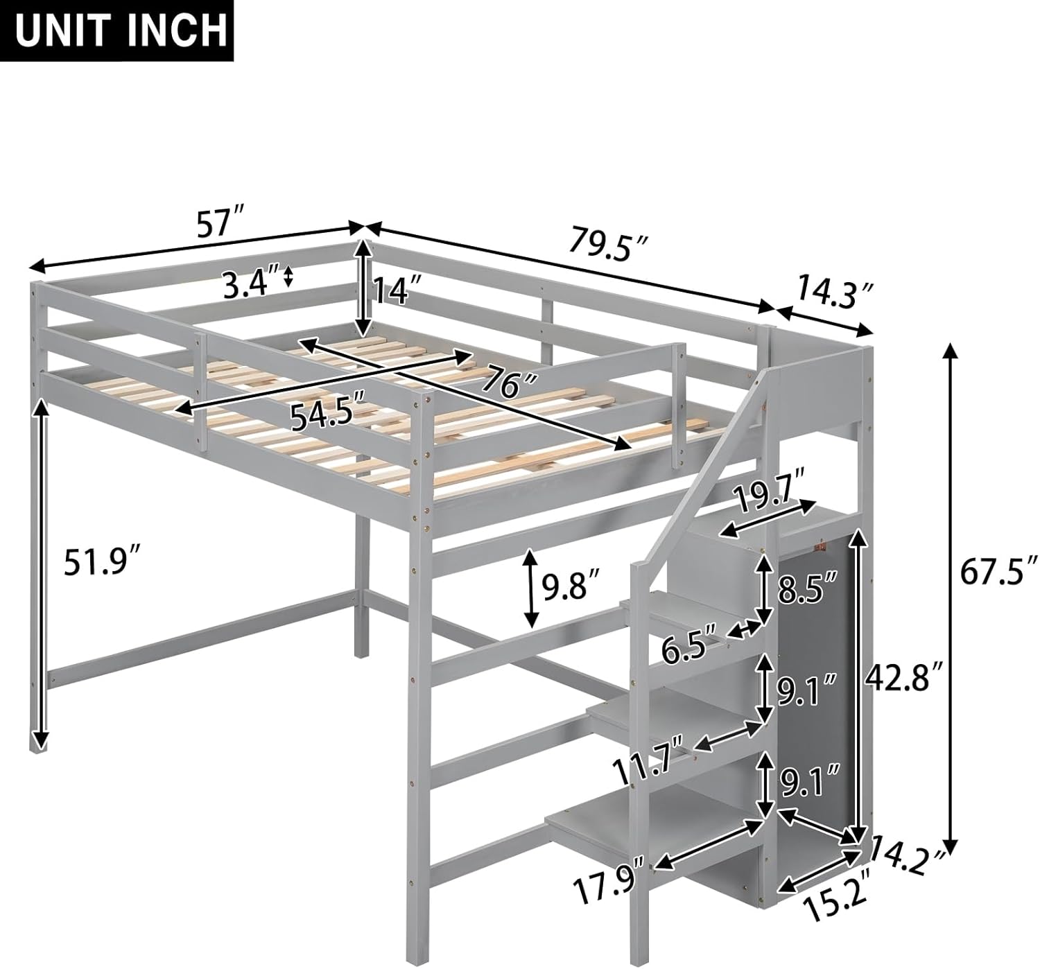 Gray Full Size Multi-Functional Wooden Loft Bed with Built-in Storage Wardrobe and Staircase Guardrails No Box Spring Required Grey Mission Craftsman