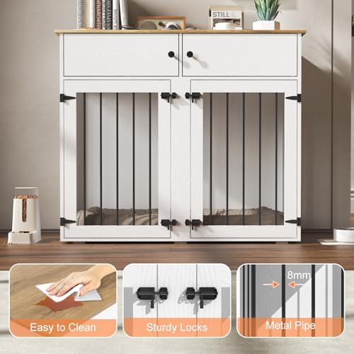 Dog Crate Furniture for 2 Dogs, 41 Inch Double Dog Cage with Removable Divider, Wooden Dog Cage, Dog Kennel Indoor with 2 Doors for Medium/Small Dogs