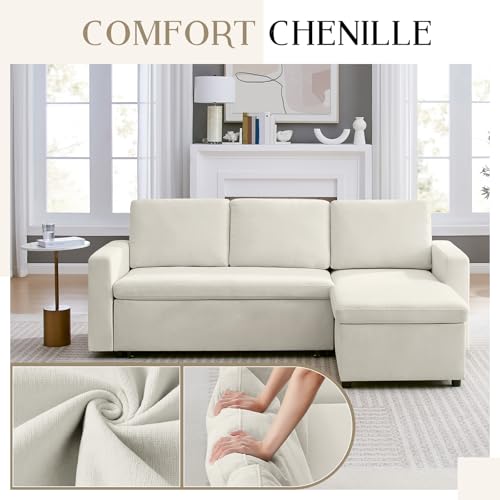 55" 3-in-1 Convertible Sleeper Sofa Bed with Adjustable Backrest - Soft Chenille Futon Couch for Living Room, Office & Apartment, Beige