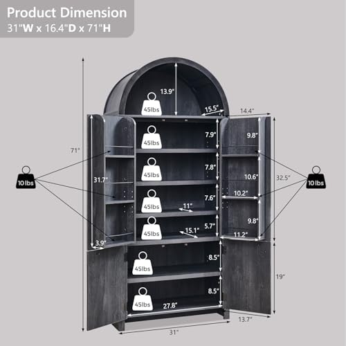 71" Tall Arched Kitchen Pantry, Modern Fluted Wood Storage Cabinet with Doors, 3 Adjustable Shelves, 6 Door Shelves, Organizer