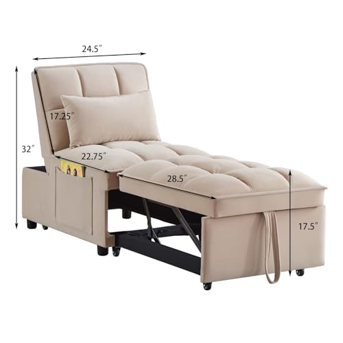 4 in 1 Pull Out Convertible Chair Bed with Adjustable Backrest and Storage Pockets, Modern Velvet Folding Single Sofa for Living Room, Small Space