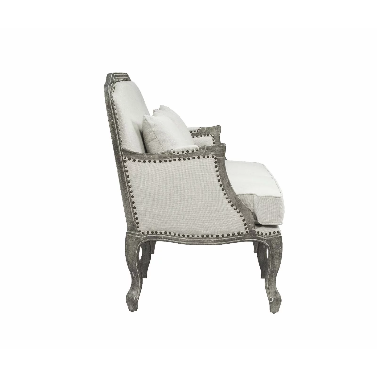 ACME Tania Upholstery Sofa with 3 Pillows in Cream Linen Fabric and Brown