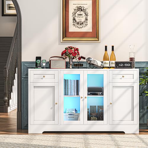 LED Coffee Bar Cabinet with Storage, 55'' Large Sideboard Buffet Cabinet, Wood Coffee Bar Buffet Table with 4 Doors and Charging Station
