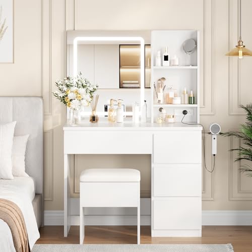 Vanity Desk with Mirror and Lights - Modern Makeup Dressing Table with Outlets, Storage Stool, 4 Drawers & Hair Dryer Holder